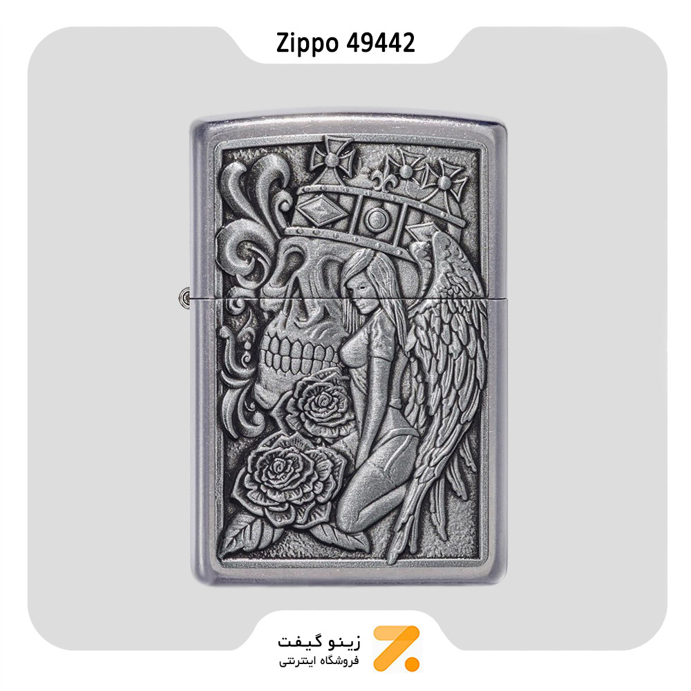 فندک بنزینی زیپو طرح برجسته جمجمه و فرشته مدل 49442-Zippo Lighter ​49442-087183 207 SKULL AND ANGEL​E
