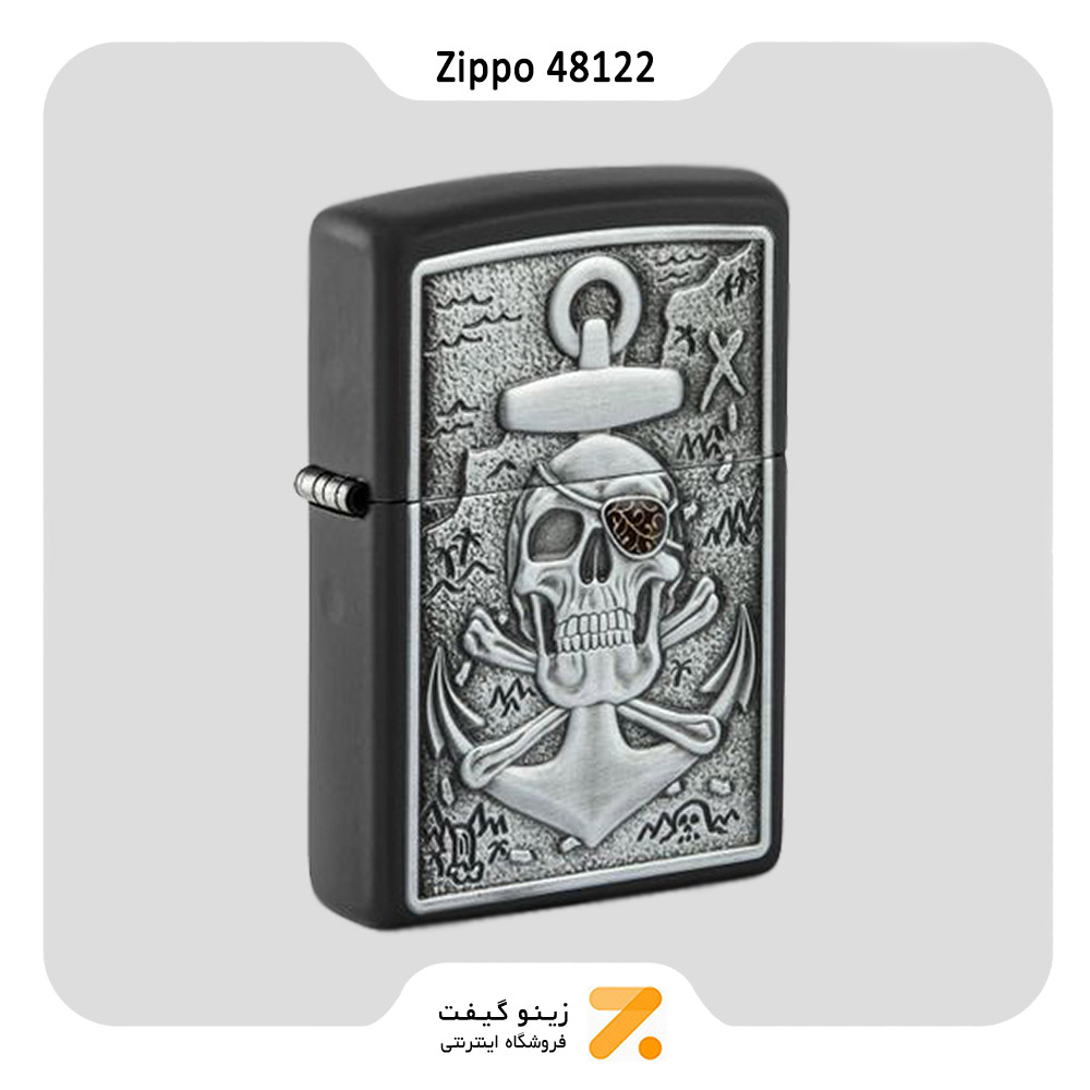 فندک زیپو مدل 48122 پلاک برجسته طرح تلفیقی لنگر و جمجمه-​Zippo Lighter 48122 Skull Anchor Emblem Design