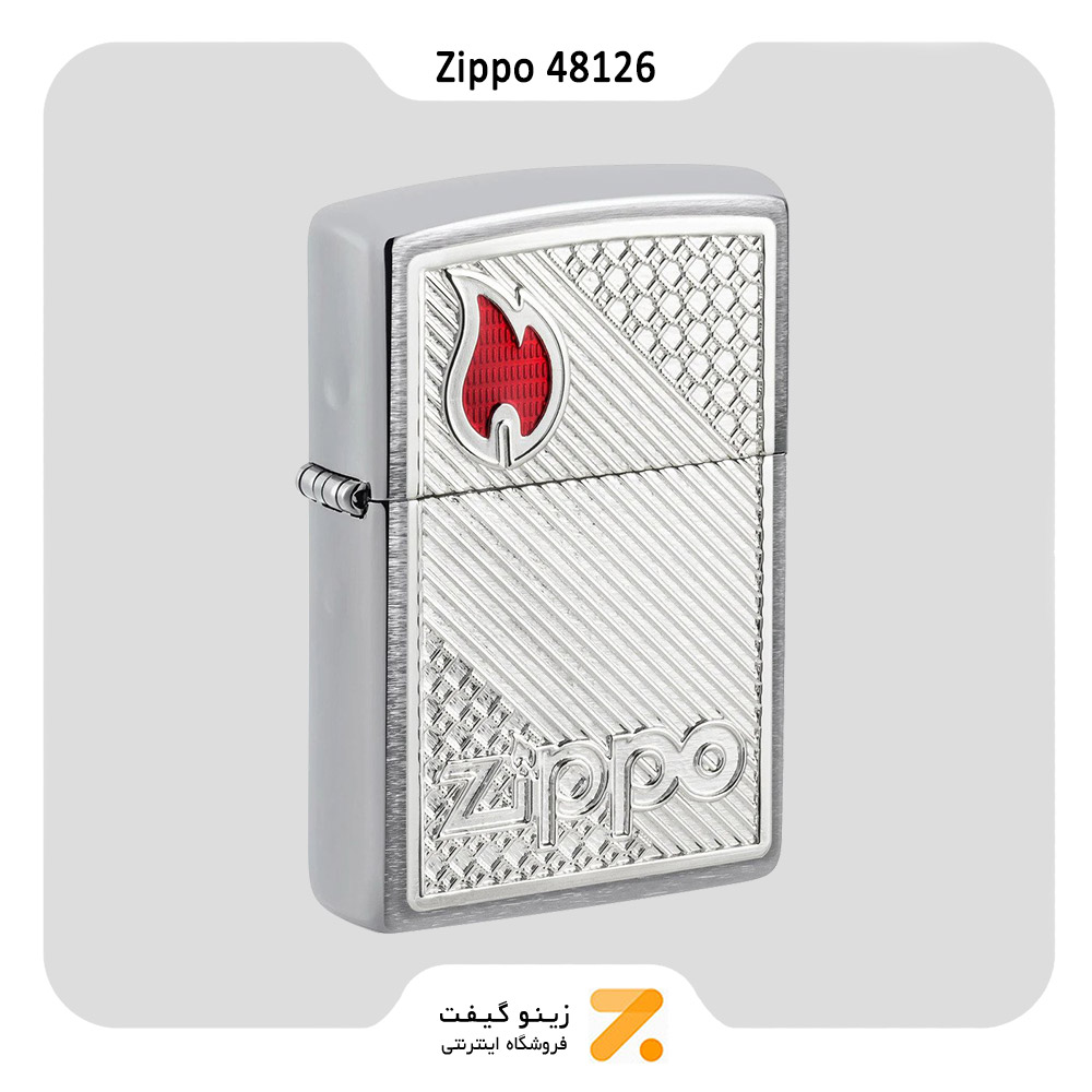 فندک زیپو مدل 48126 طرح شعله و لوگو زیپو-Zippo Lighter Brushed Chrome Zippo Tiles Emblem Design