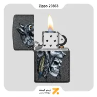فندک بنزینی زیپو تلفیق طرح گرگ و اسکلت مدل 29863-Zippo Lighter ​29863 211 WOLF SKULL FEATHER DESI