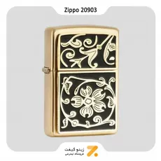 فندک بنزینی زیپو مشکی و طلائی طرح برجسته گل مدل 20903-Zippo Lighter 20903 204B Gold Floral Flourish
