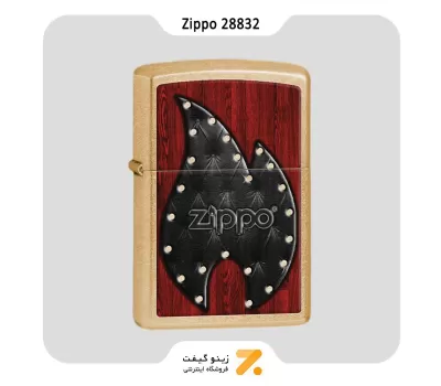 Zippo Lighter 28832 207G LEATHER FLAME فندک بنزینی زیپو طلایی آنتیک با لوگو زیپو مدل 28832