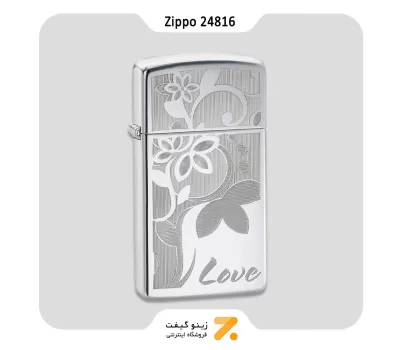 فندک بنزینی زیپو اسلیم طرح گل و لاو مدل 24816-Zippo Lighter ​24816 SLIM HP CHROME LOVE FLOWER