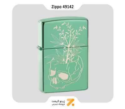 فندک بنزینی زیپو سبز طرح جمجمه و برگ گیاه کانابیس مدل 49142-​Zippo Lighter 49142 28129 BOTANICAL DESIGN