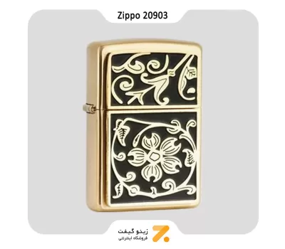 فندک بنزینی زیپو مشکی و طلائی طرح برجسته گل مدل 20903-Zippo Lighter 20903 204B Gold Floral Flourish