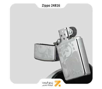 فندک بنزینی زیپو اسلیم طرح گل و لاو مدل 24816-Zippo Lighter ​24816 SLIM HP CHROME LOVE FLOWER