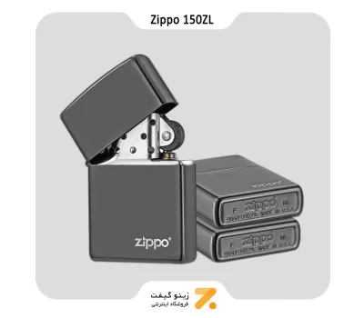 فندک بنزینی زیپو بلک آیس طرح لوگو زیپو مدل 150 زد ال-Zippo Lighter 150ZL Black Ice Zippo-Laser