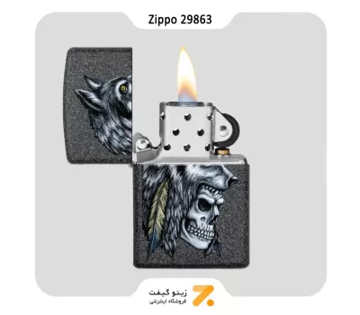 فندک بنزینی زیپو تلفیق طرح گرگ و اسکلت مدل 29863-Zippo Lighter ​29863 211 WOLF SKULL FEATHER DESI