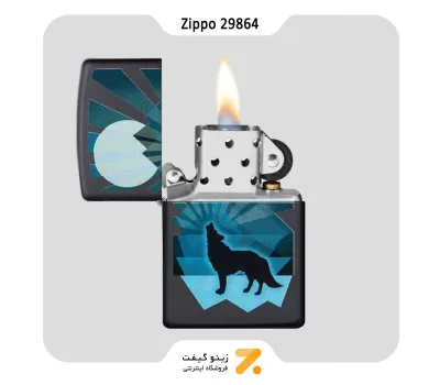 فندک بنزینی زیپو طرح گرگ و ماه مدل 29864-​Zippo Lighter 29864 218 WOLF AND MOON DESIGN