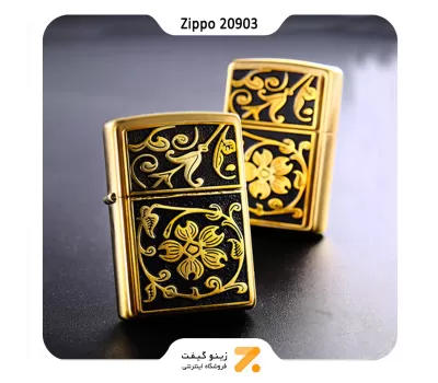 فندک بنزینی زیپو مشکی و طلائی طرح برجسته گل مدل 20903-Zippo Lighter 20903 204B Gold Floral Flourish