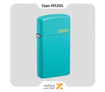 فندک زیپو اسلیم آبی فیروزه ای مدل 49529 زد ال-​Zippo Lighter 49529ZL Slim Flat Turquoise Zippo Logo