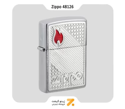 فندک زیپو مدل 48126 طرح شعله و لوگو زیپو-Zippo Lighter Brushed Chrome Zippo Tiles Emblem Design