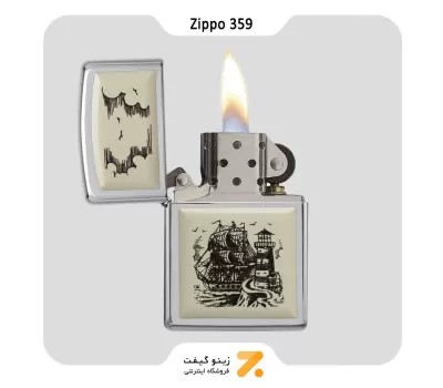 فندک بنزینی زیپو طرح کشتی مدل 359-Zippo Lighter ​359-HP CHROME/SCRIMSHAW