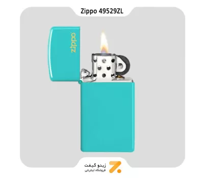 فندک زیپو اسلیم آبی فیروزه ای مدل 49529 زد ال-​Zippo Lighter 49529ZL Slim Flat Turquoise Zippo Logo