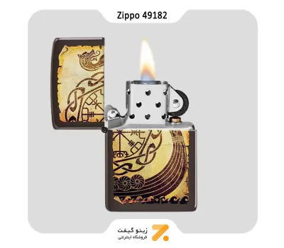 فندک زیپو قهوه ای تیره طرح ناو جنگی وایکینگ ها مدل 49182-​Zippo Lighter 49182 49180 VIKING WARSHIP DESIGN