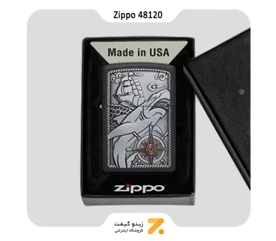 فندک زیپو مدل 48120 پلاک برجسته طرح کوسه و کشتی-Zippo Lighter 48120 Ship Shark Emblem Design