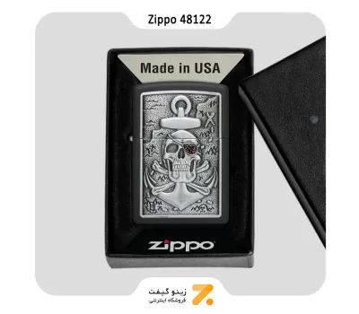 فندک زیپو مدل 48122 پلاک برجسته طرح تلفیقی لنگر و جمجمه-​Zippo Lighter 48122 Skull Anchor Emblem Design