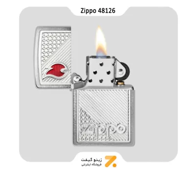 فندک زیپو مدل 48126 طرح شعله و لوگو زیپو-Zippo Lighter Brushed Chrome Zippo Tiles Emblem Design
