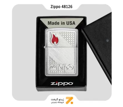 فندک زیپو مدل 48126 طرح شعله و لوگو زیپو-Zippo Lighter Brushed Chrome Zippo Tiles Emblem Design