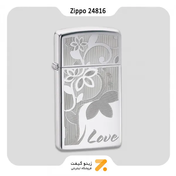 فندک بنزینی زیپو اسلیم طرح گل و لاو مدل 24816-Zippo Lighter ​24816 SLIM HP CHROME LOVE FLOWER