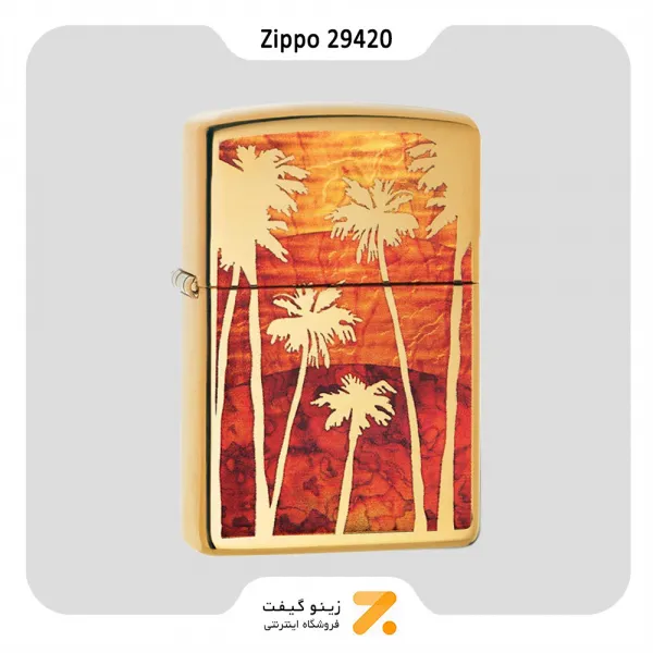 فندک بنزینی زیپو طلایی مدل 29420 طرح نخل-Zippo Lighter ​29420 254B FUZION PALM TREE SUNSET