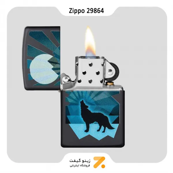 فندک بنزینی زیپو طرح گرگ و ماه مدل 29864-​Zippo Lighter 29864 218 WOLF AND MOON DESIGN