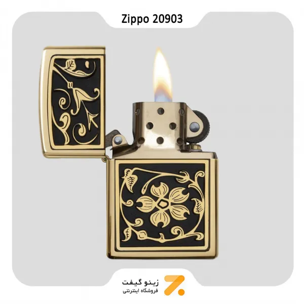 فندک بنزینی زیپو مشکی و طلائی طرح برجسته گل مدل 20903-Zippo Lighter 20903 204B Gold Floral Flourish
