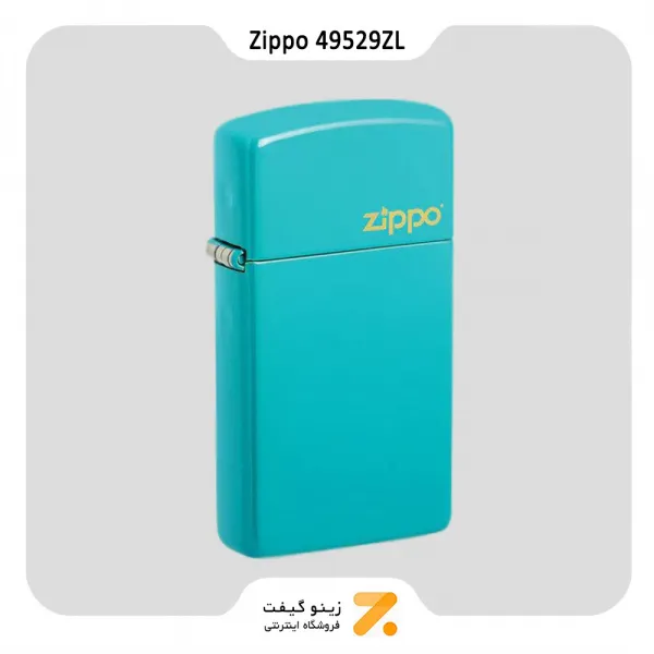 فندک زیپو اسلیم آبی فیروزه ای مدل 49529 زد ال-​Zippo Lighter 49529ZL Slim Flat Turquoise Zippo Logo