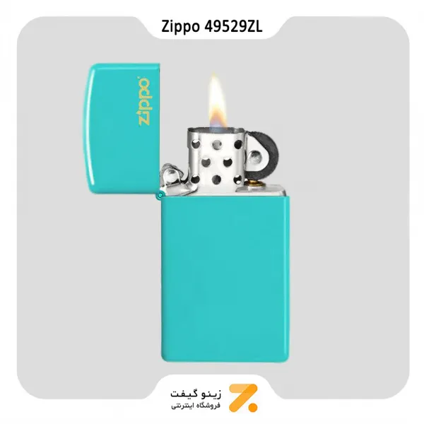 فندک زیپو اسلیم آبی فیروزه ای مدل 49529 زد ال-​Zippo Lighter 49529ZL Slim Flat Turquoise Zippo Logo