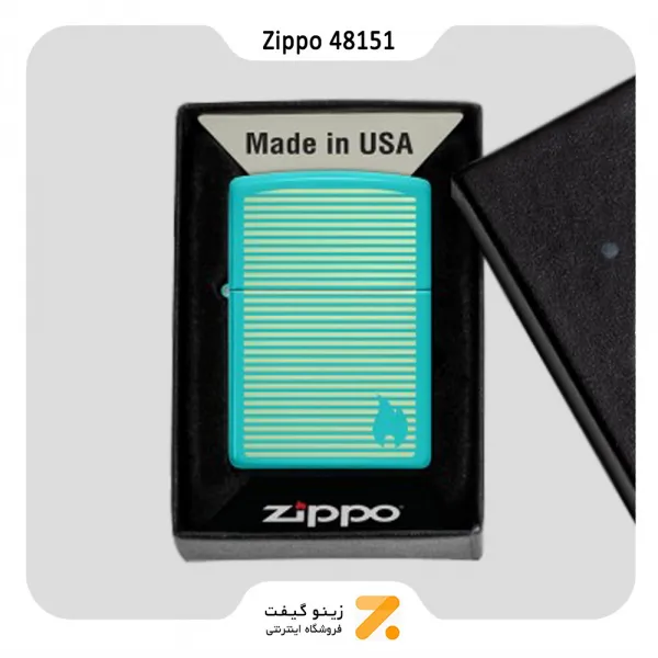 فندک زیپو رنگ آبی فیروزه ای طرح خطوط و شعله مدل 48151-​Zippo Lighter 48151 49454 Zippo Design