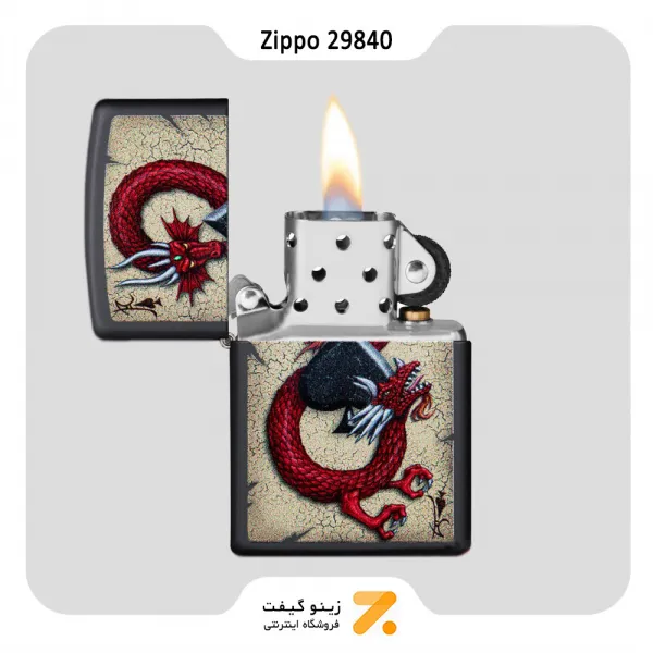 فندک زیپو مشکی طرح اژدها و آس پیک مدل 29840-​Zippo Lighter 29840 218 DRAGON ACE DESIGN