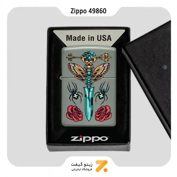 فندک زیپو سبز مدل 49860 طرح خنجر گوتیک-Zippo Lighter 49860 49843 GOTHIC DAGGER DESIGN