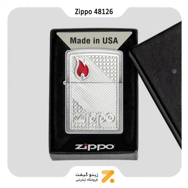 فندک زیپو مدل 48126 طرح شعله و لوگو زیپو-Zippo Lighter Brushed Chrome Zippo Tiles Emblem Design
