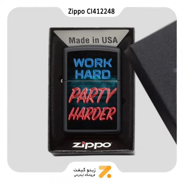 فندک زیپو مشکی مدل سی آی 412248 طرح تایپوگرافی-Zippo Lighter 218 CI412248 WORK HARD DESIGN