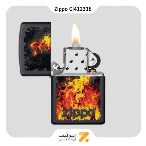 فندک زیپو مشکی مدل سی آی 412316 طرح آتش و لوگو زیپو-Zippo Lighter 218 CI412316 ZIPPO AND FIRE DESIGN
